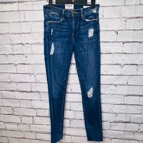 Frame Womens Blue Denim Raw Hem Hilltop Le High Skinny Jeans Medium Wash Size 24 - Picture 1 of 10